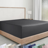 California Design Den queen fitted sheet in dark grey reveals soft cotton sateen texture.