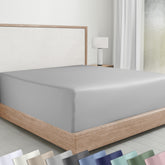 California Design Den queen fitted sheet in light grey showing soft sateen texture for luxurious sleep.