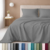 California Design Den queen sheet set mist grey fabric close-up showing soft breathable cotton