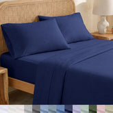 California Design Den queen navy sheet set with crisp percale texture for breathable comfort
