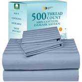 California Design Den queen sheets with damask stripe in light blue offer a smooth, breathable feel.