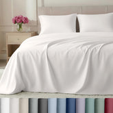 California Design Den queen sheets flat lay in ivory, highlighting soft, durable 800-thread-count sateen.