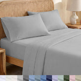 California Design Den queen sheets percale closeup showing crisp, breathable weave for cooler nights.