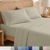 California Design Den queen flat sheet in taupe shows crisp percale texture for breathable comfort