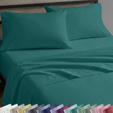 California Design Den teal sateen top sheet with a silky finish for year-round comfort