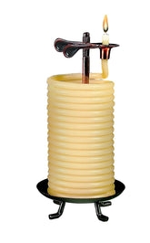 Candle by the Hour 80-hour vertical beeswax candle resting on copper stand for a clean, consistent burn