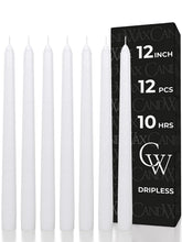 CandWax 12-inch white taper candles set illuminates tables with clean, dripless elegance.