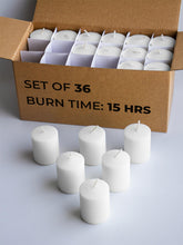 Candwax unscented white votive candles, 36-pack for clean-burning ambience in any setting.