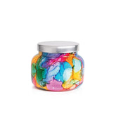 Capri Blue Volcano Rainbow Watercolor Jar with vibrant color and tropical scent.
