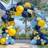 Captank navy and royal blue balloons arranged for a dramatic arch backdrop.