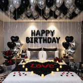Carnira romantic birthday balloons set in black and silver for a stylish surprise.