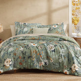 CASAAGUSTO king-size green floral bedding with butterfly accents for all-season comfort.