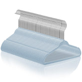 Casafield 50 velvet baby hangers in light blue viewed in a closet, 11-inch size.