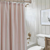 CasaTena vintage pink striped curtain for rustic bathroom decor and vintage aesthetics.