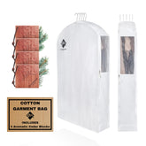 Cashmere Kiwi garment bag hanging in a closet protecting formal wear from dust.