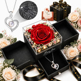 cdco Forever Love rose heart necklace shows inside message with I love you in 100 languages.