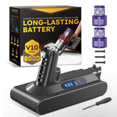 CELLPOW V10 battery replacement shown for extended runtime on a Dyson vacuum.
