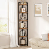 Cerlyunzan six-tier corner shelf stand in bright living room for versatile storage.