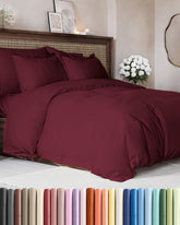 CGK Unlimited queen burgundy duvet cover closeup shows plush double-brushed softness.