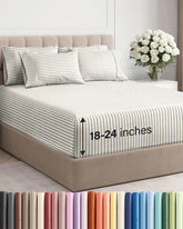 CGK Unlimited extra-deep king flat sheet in beige stripes fits tall mattresses smoothly.