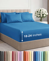 CGK Unlimited extra-deep king sheet set in denim blue flat sheet on bed, breathable comfort