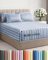 CGK Unlimited extra deep king sheet set flat lay in blue stripes, breathable luxury for tall beds