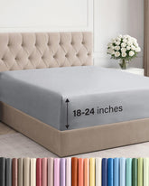 CGK Unlimited extra deep pocket Cal King fitted sheet on bed offers secure fit.