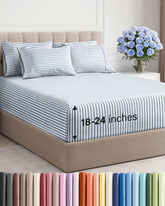 CGK Unlimited extra deep queen sheets blue stripes flat lay show soft microfiber comfort