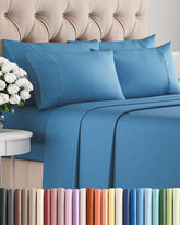 CGK Unlimited queen 6-piece sheet set in denim blue, soft and breathable for nightly comfort.