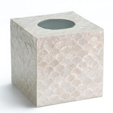Chi An Home capiz tissue box cover front view showing iridescent mosaic.
