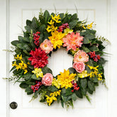 Chiyinbao 24-inch eucalyptus wreath on front door enhances year-round curb appeal.