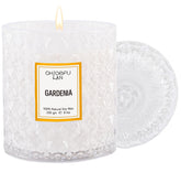 Chloefu LAN Gardenia Candle in white jar enhances elegant decor and ambiance.