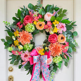 CHvista spring wreath with peach dahlias for outdoor entry