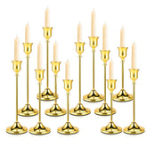 Cieex 12-piece brass gold candle holders set for elegant table centerpieces.