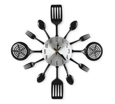 CIGERA 16-Inch Cutlery Wall Clock with fork and spoon dial mounted on kitchen wall for style.