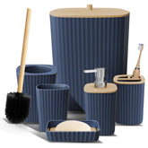 Clara Clark navy blue bathroom set on counter keeps essentials organized.