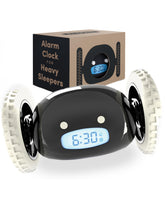 Clocky alarm clock on wheels, front view, ready to wake heavy sleepers.