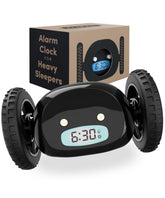 CLOCKY alarm clock on wheels front view rolling away to wake heavy sleepers.