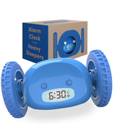 CLOCKY front-view blue alarm-on-wheels helps heavy sleepers wake up reliably.