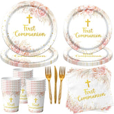 CMUSKO first-communion dinner plates with gold cross design for a coordinated celebration.