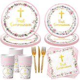 CMUSKO pink first communion dinner plates for a coordinated party tablescape.