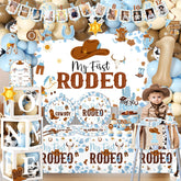 CMUSKO My First Rodeo arch balloons for a vibrant birthday centerpiece.