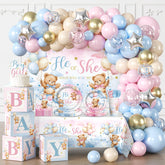 Cocomigo bear gender reveal backdrop sets the party scene for photos.