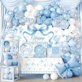 Cocomigo blue bow birthday backdrop for photo ready party styling and reuse