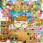Cocomigo Hawaiian banner backdrop creates a polished luau photo focal point.