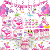 Cocomigo pink dinosaur banner enhances birthday decor for a festive focal point
