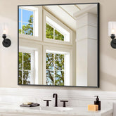 COFENY 30x30 black bathroom mirror front view shows clear reflection for grooming