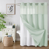 Colorful Star no-hook shower curtain with snap-in liner for quick installation.