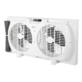 Comfort Zone 9-Inch twin window fan with dual blades delivering steady airflow.