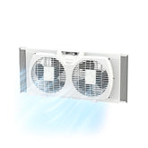 Comfort Zone twin window fan showing intake and exhaust functions for flexible airflow